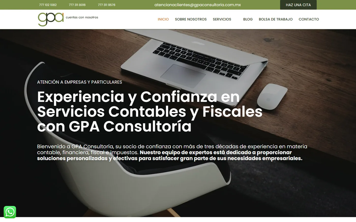 Sitio de GPA Consultoría en escritorio, pantalla 1