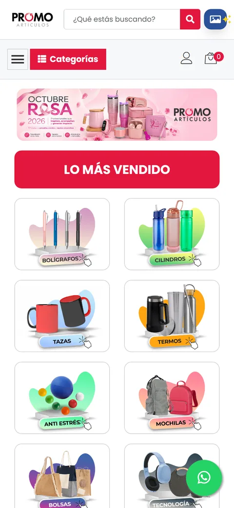 Promoartículos mobile website, screen 1