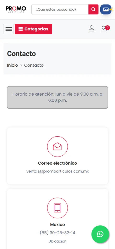 Promoartículos mobile website, screen 2