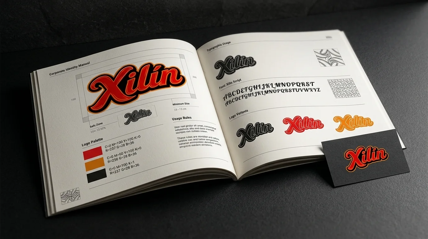 Manual de identidad corporativa abierto con logotipo, tipografía y paleta de una marca creada por One Man Studio