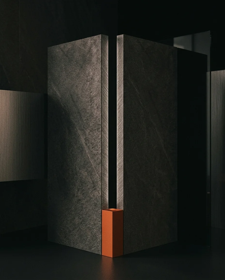 Monolito de piedra oscura con un bloque naranja, estética de automatización de One Man Studio