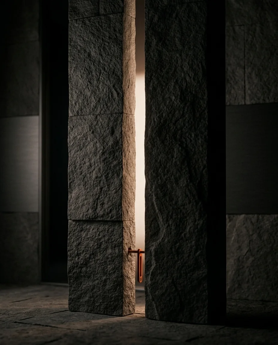 Monolitos de piedra oscura con una rendija de luz y un detalle naranja, estética de diseño gráfico de One Man Studio