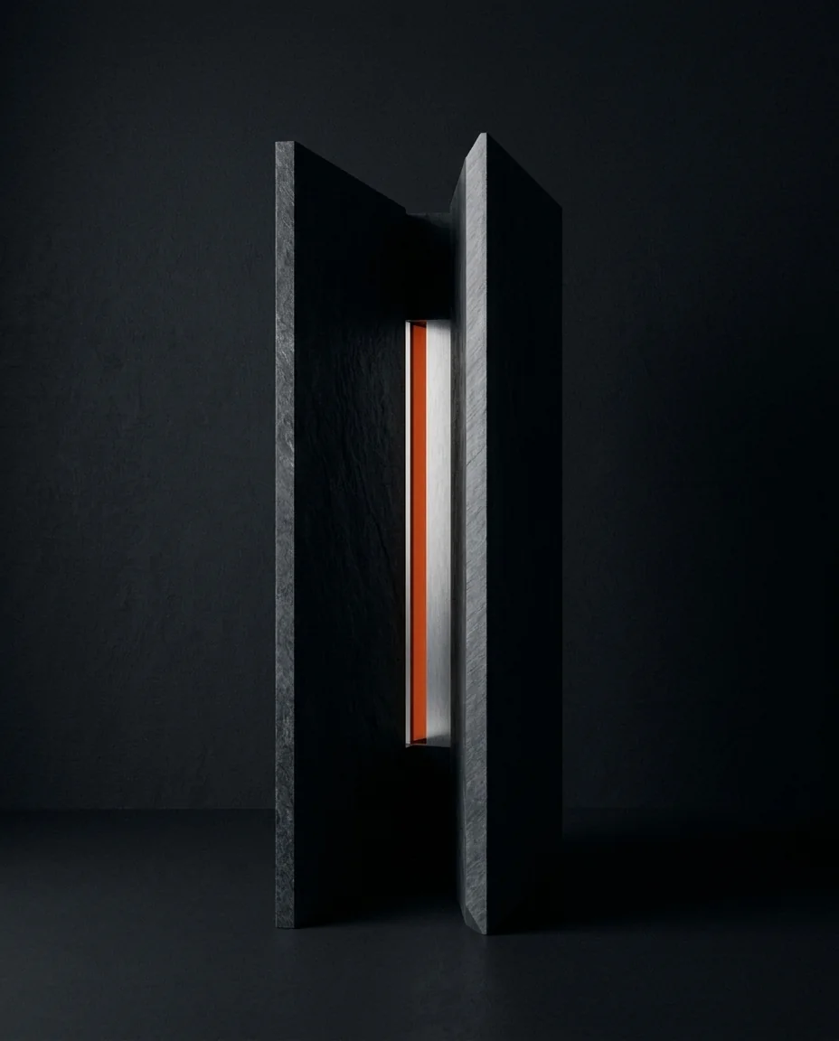 Monolito de piedra oscura con una rendija de luz y un detalle naranja, estética de software de One Man Studio