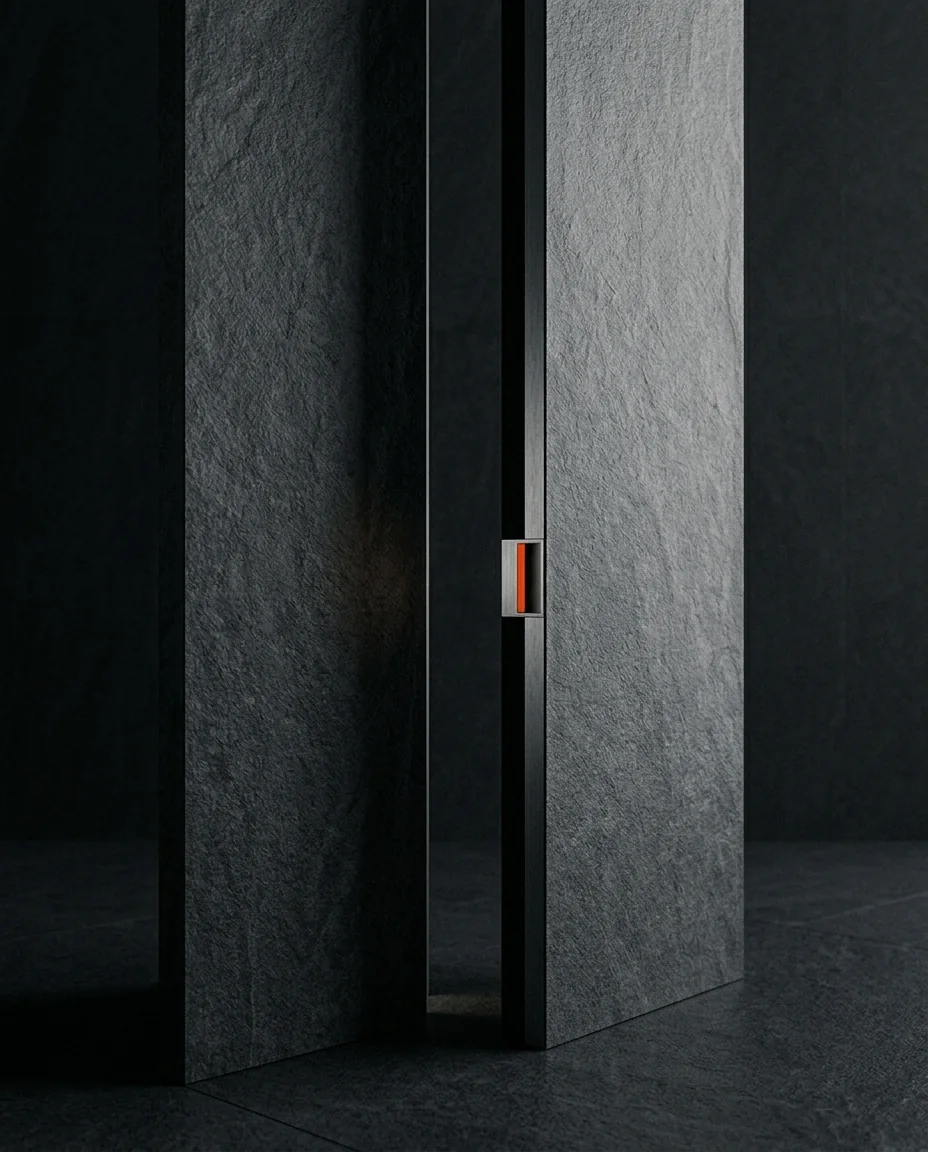 Paneles de piedra oscura con un detalle naranja, estética de traducciones de One Man Studio